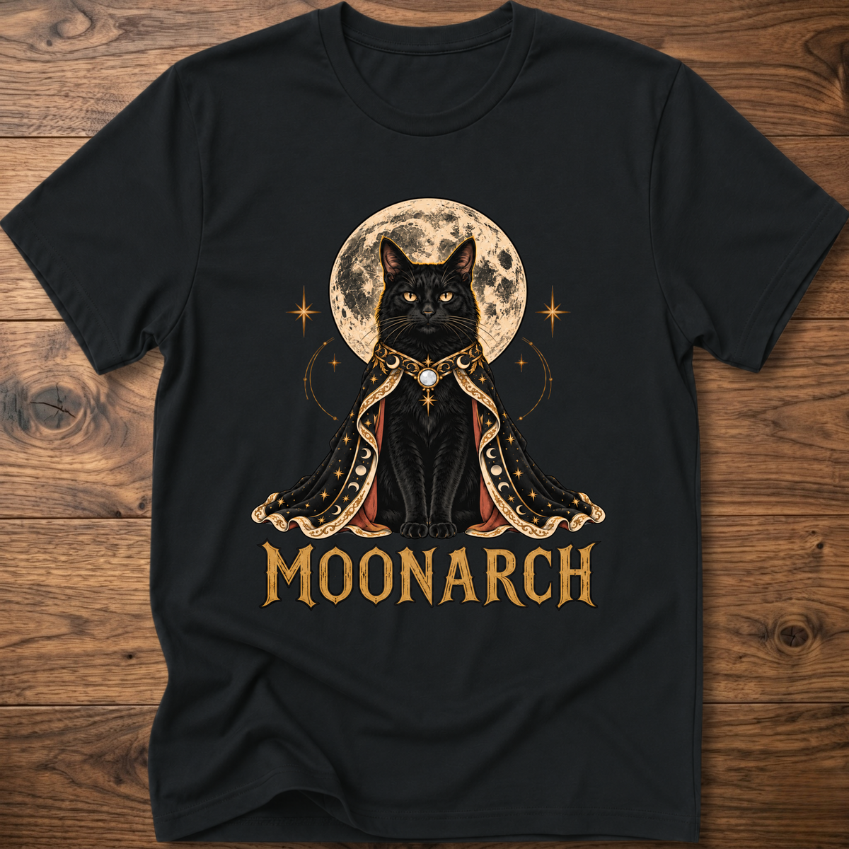 Black cat graphic t-shirt with moon-themed cat and MOONARCH text on front