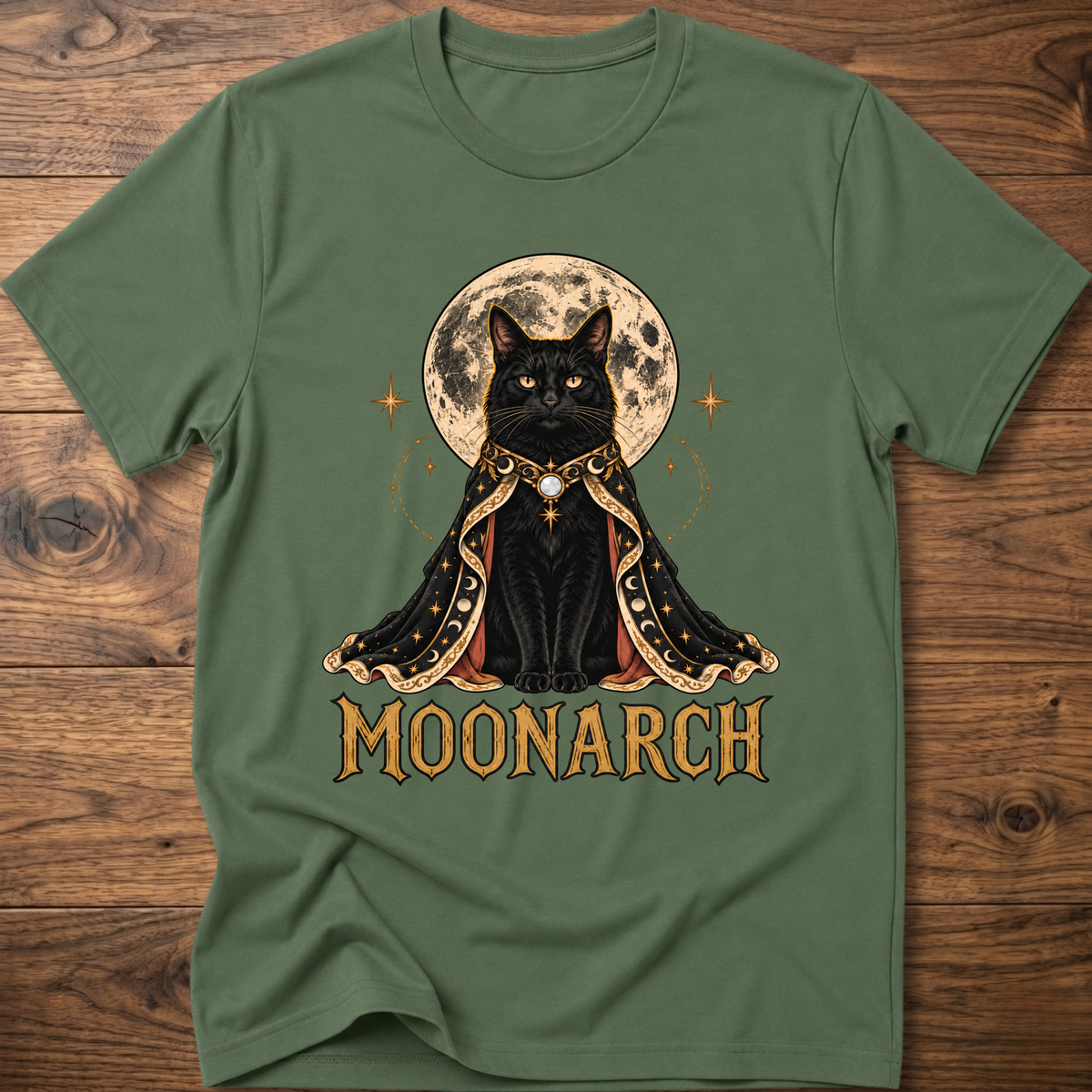 Military green cat graphic t-shirt with moon-themed cat and MOONARCH text on front