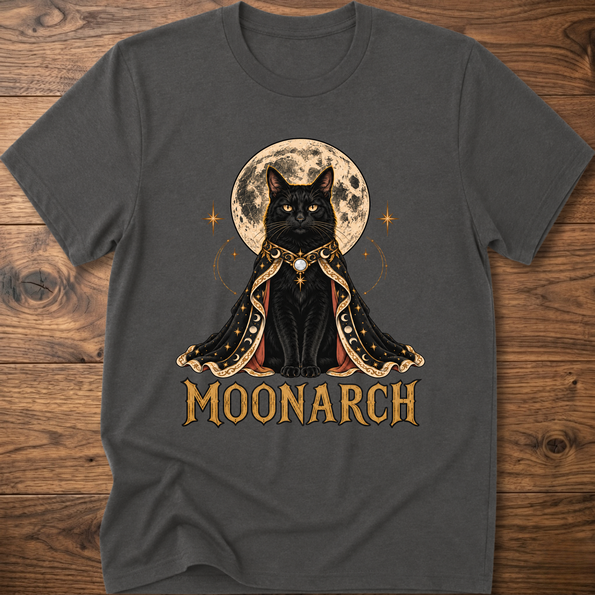 Charcoal gray cat graphic t-shirt with moon-themed cat and MOONARCH text on front