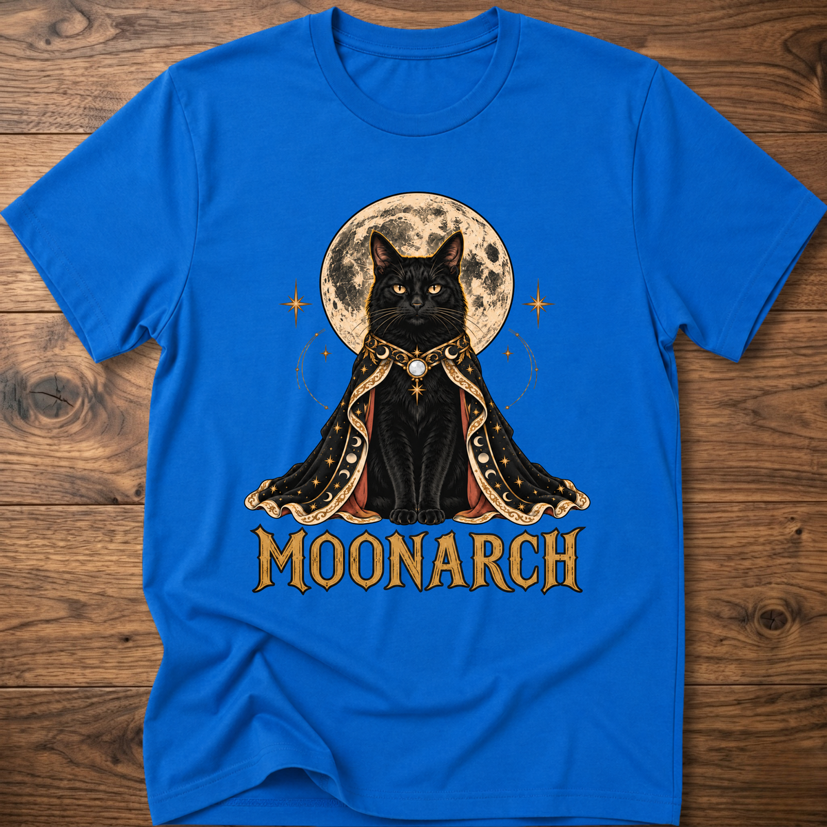 Bright blue cat graphic t-shirt with moon-themed cat and MOONARCH text on front