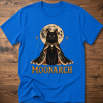 Bright blue cat graphic t-shirt with moon-themed cat and MOONARCH text on front