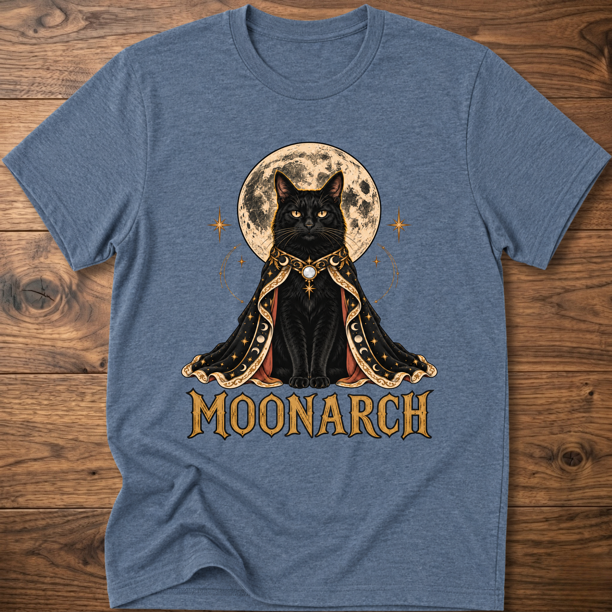 Heather blue cat graphic t-shirt with moon-themed cat and MOONARCH text on front