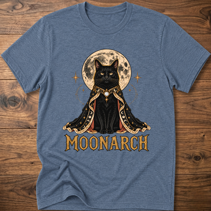Heather blue cat graphic t-shirt with moon-themed cat and MOONARCH text on front