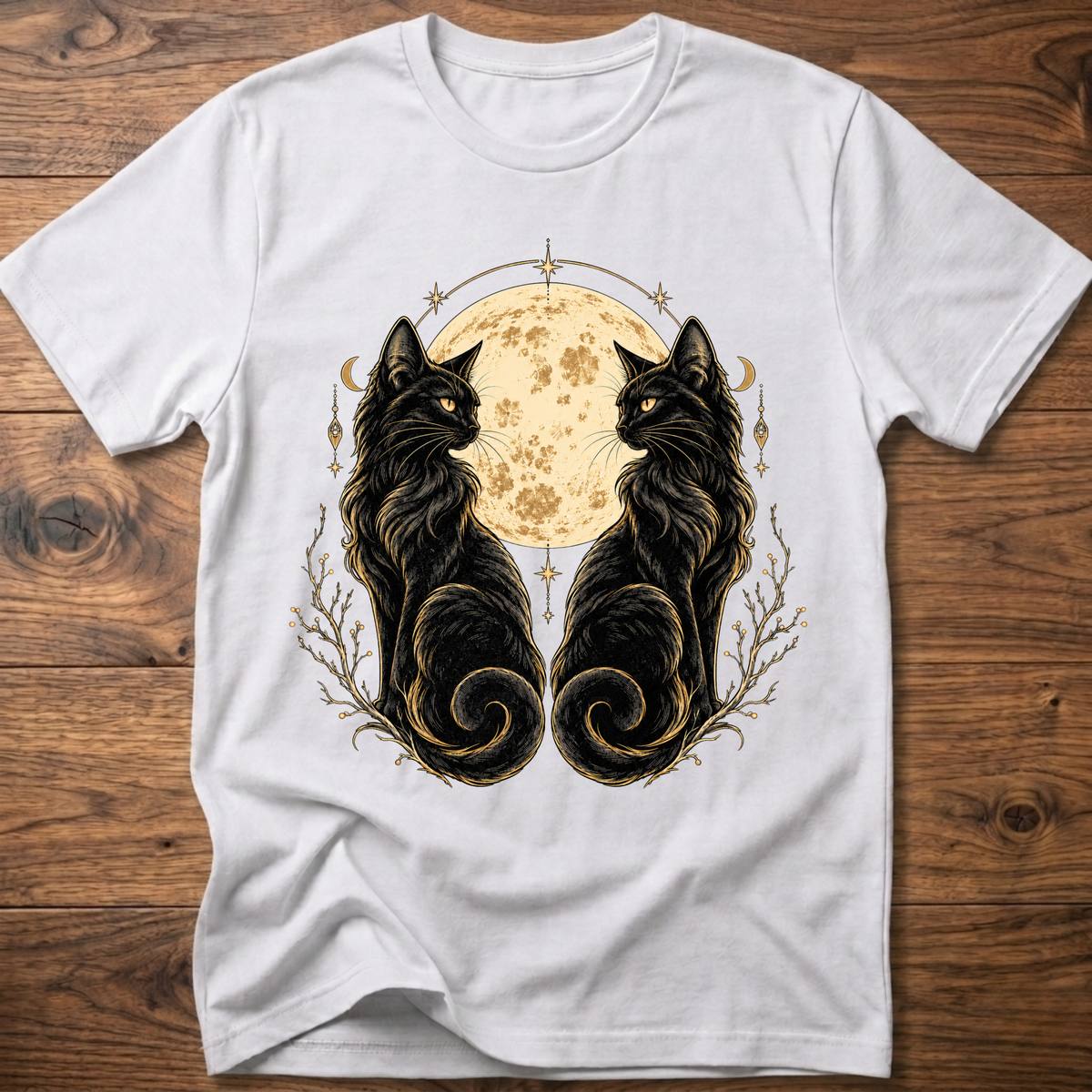 White cat T-shirt with mirrored black cats and moon floral graphic