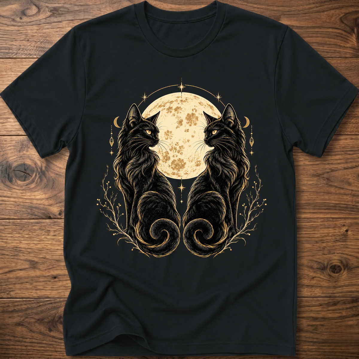 Black cat T-shirt with mirrored black cats and moon floral graphic