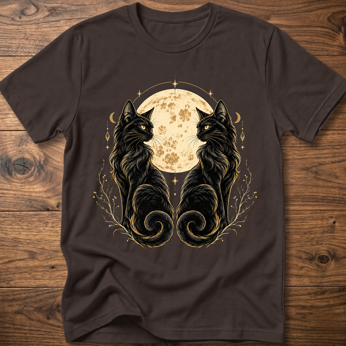 Dark brown cat T-shirt with mirrored black cats and moon floral graphic