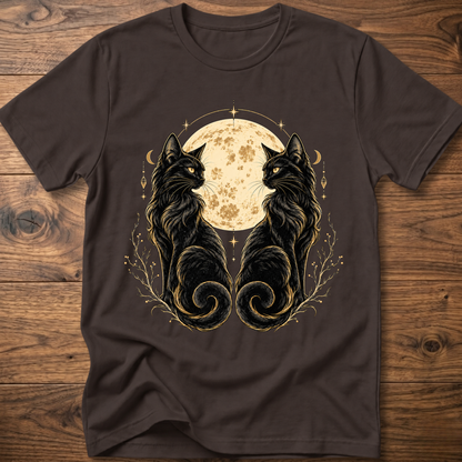 Dark brown cat T-shirt with mirrored black cats and moon floral graphic