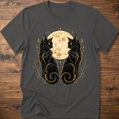 Charcoal cat T-shirt with mirrored black cats and moon floral graphic