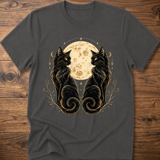 Charcoal cat T-shirt with mirrored black cats and moon floral graphic