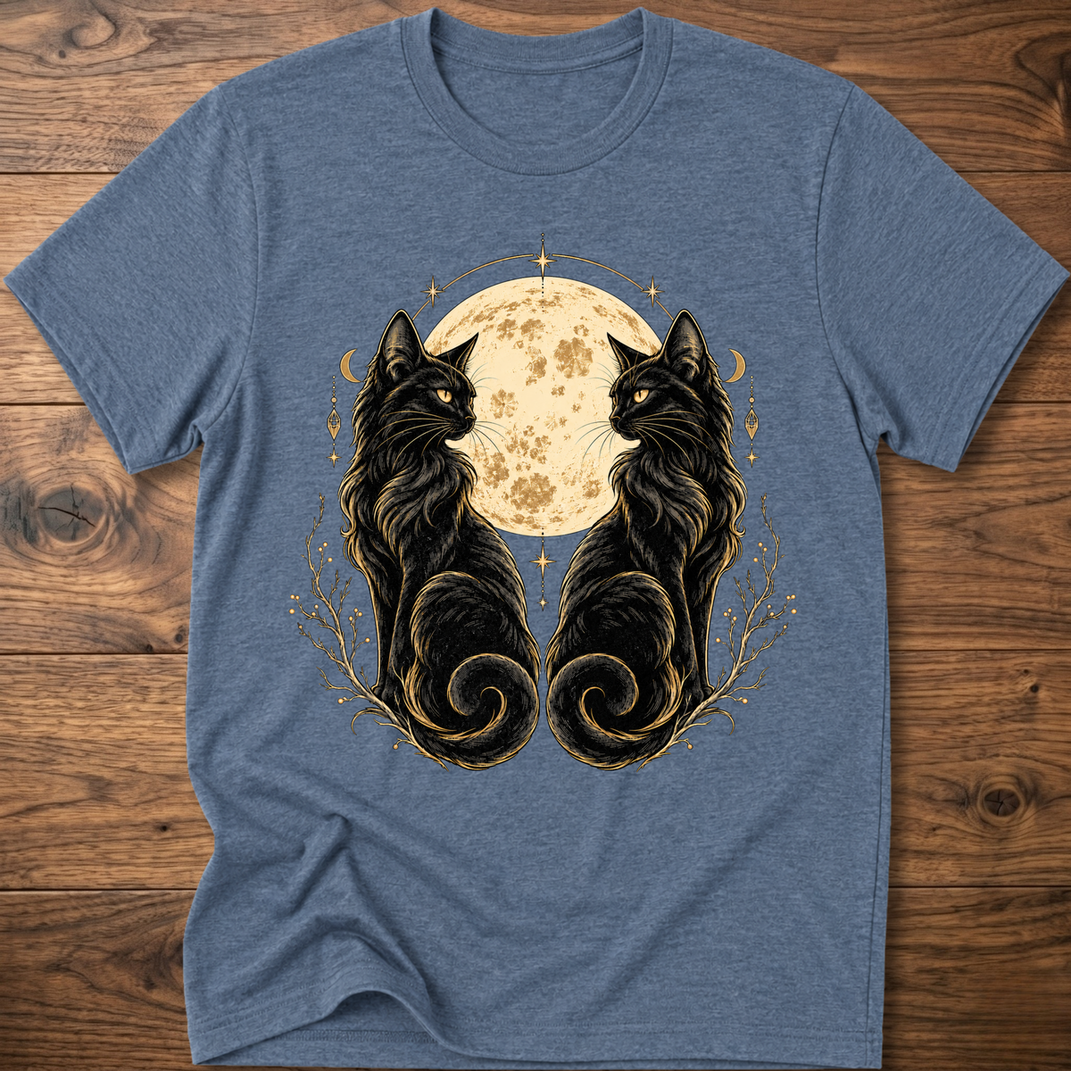 Heather indigo cat T-shirt with mirrored black cats and moon floral graphic
