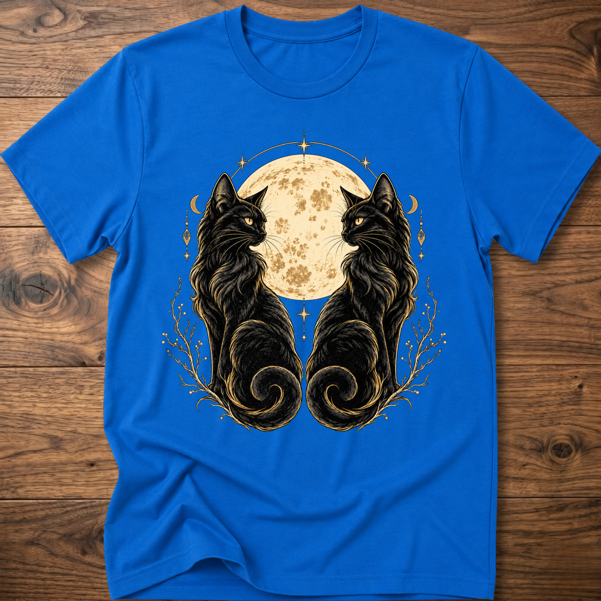 Royal blue cat T-shirt with mirrored black cats and moon floral graphic