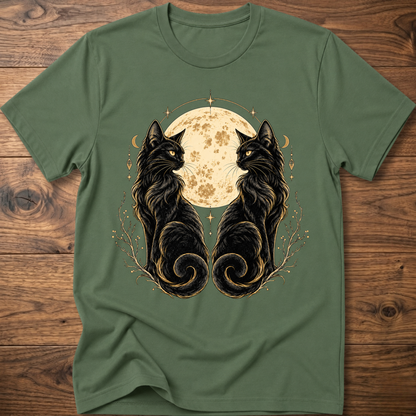Military green cat T-shirt with mirrored black cats and moon floral graphic