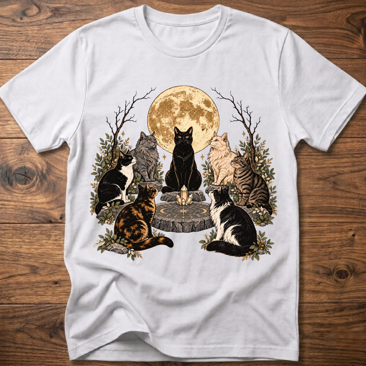 White crew-neck t-shirt with illustrated cats and full moon graphic