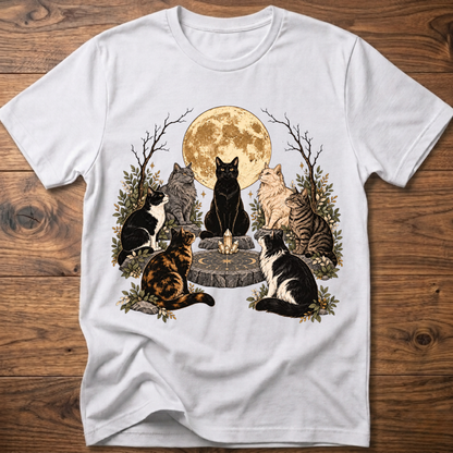White crew-neck t-shirt with illustrated cats and full moon graphic