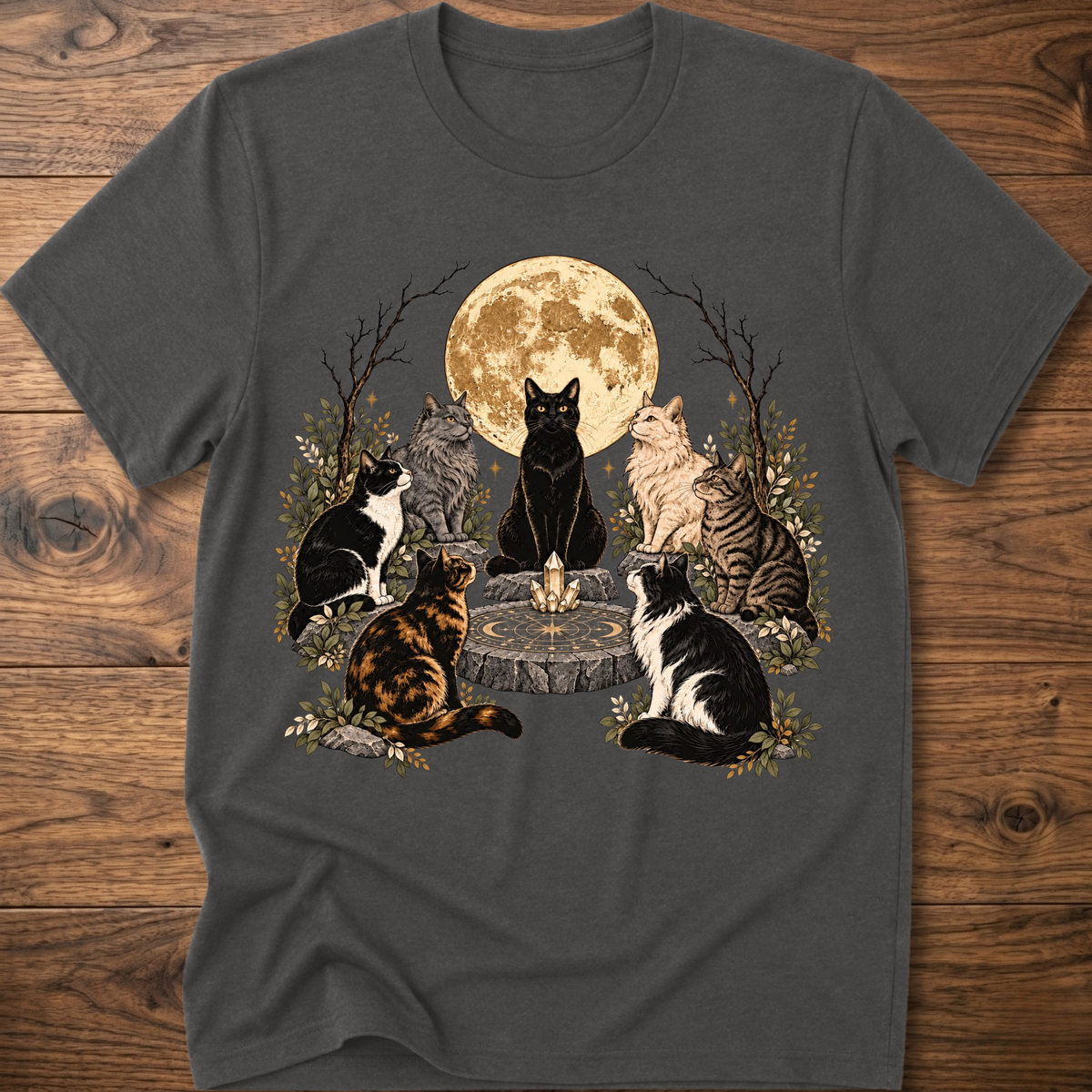 Charcoal crew-neck t-shirt with illustrated cats and full moon graphic