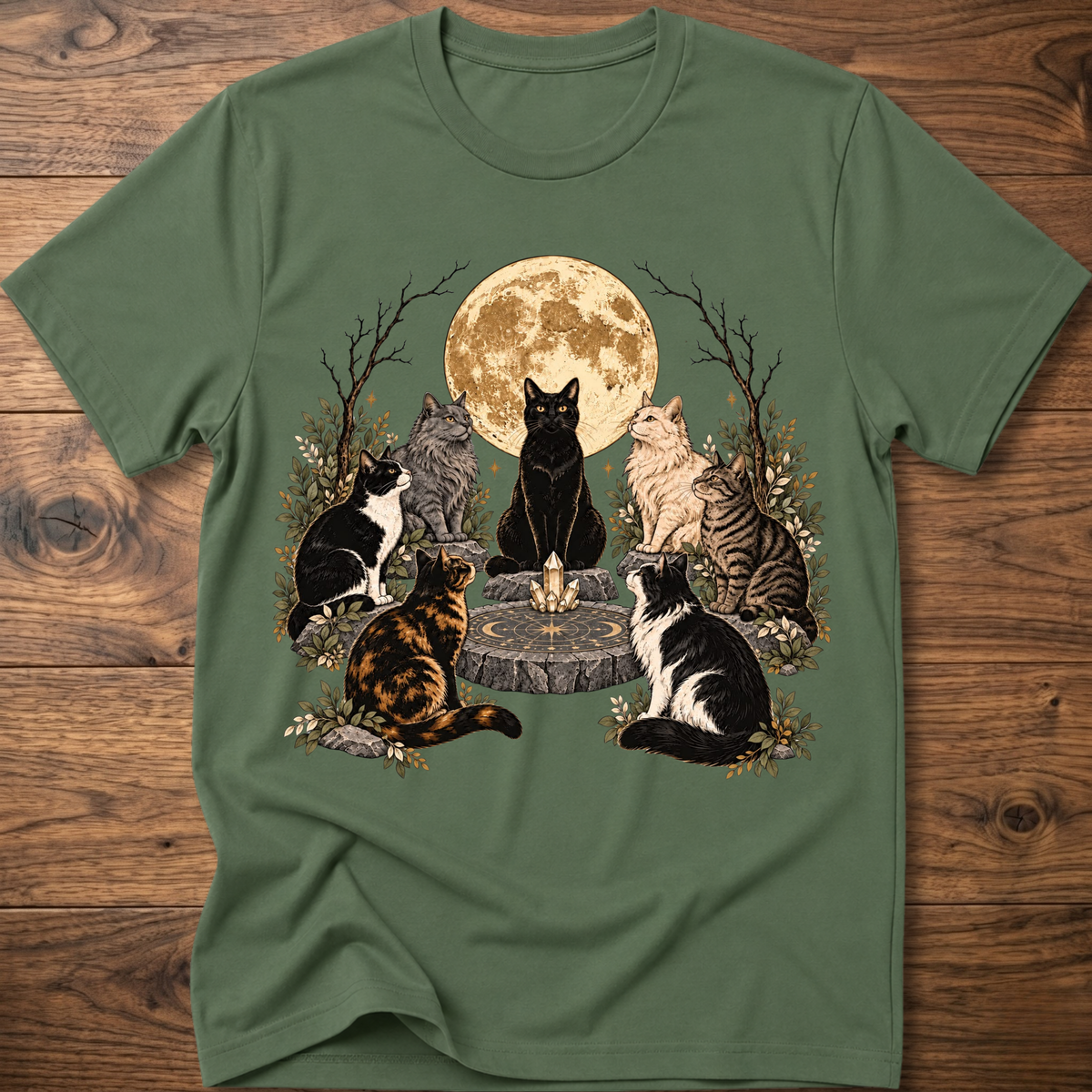 Olive green crew-neck t-shirt with illustrated cats and full moon graphic