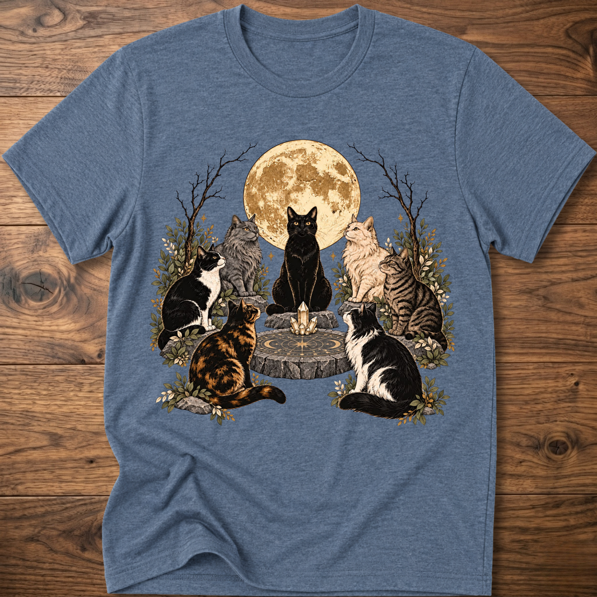 Heather blue crew-neck t-shirt with illustrated cats and full moon graphic