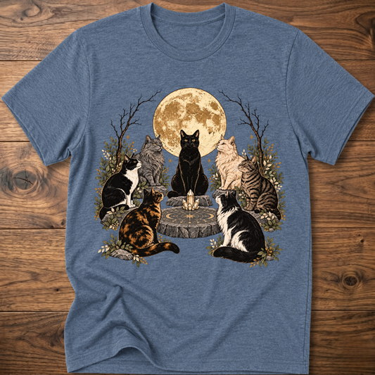 Heather blue crew-neck t-shirt with illustrated cats and full moon graphic