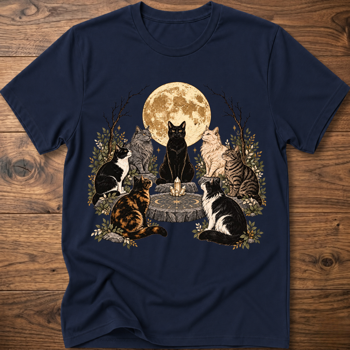 Royal blue crew-neck t-shirt with illustrated cats and full moon graphic
