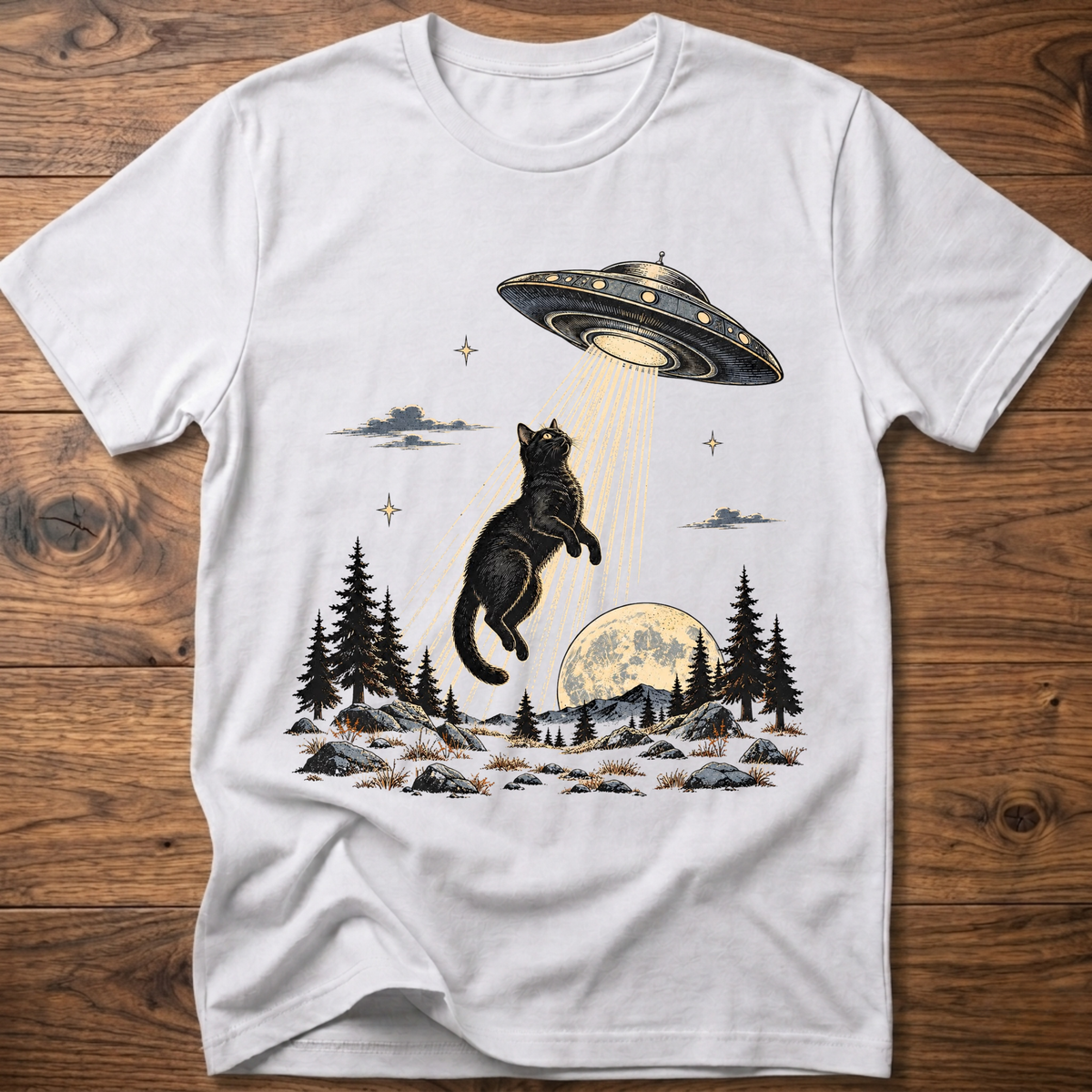 White crewneck t-shirt with black cat under UFO beam over forest night scene