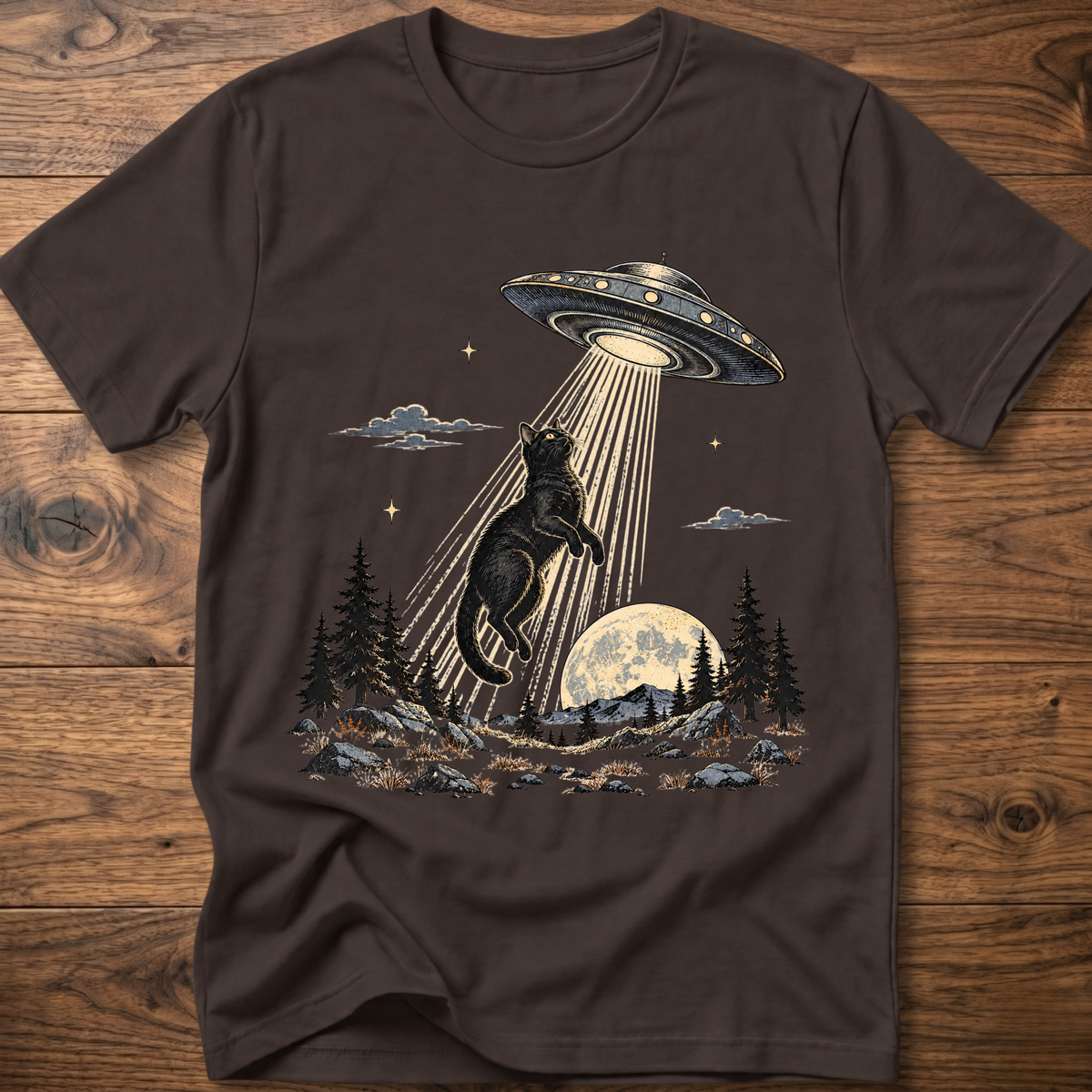 Dark brown crewneck t-shirt with black cat under UFO beam over forest night scene