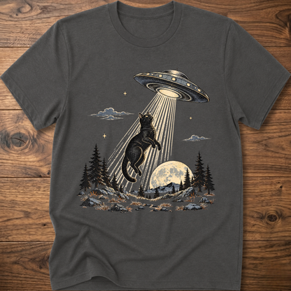 Charcoal crewneck t-shirt with black cat under UFO beam over forest night scene