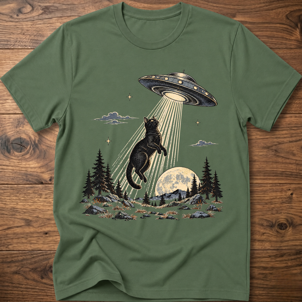 Military green crewneck t-shirt with black cat under UFO beam over forest night scene