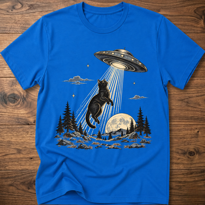 Royal blue crewneck t-shirt with black cat under UFO beam over forest night scene