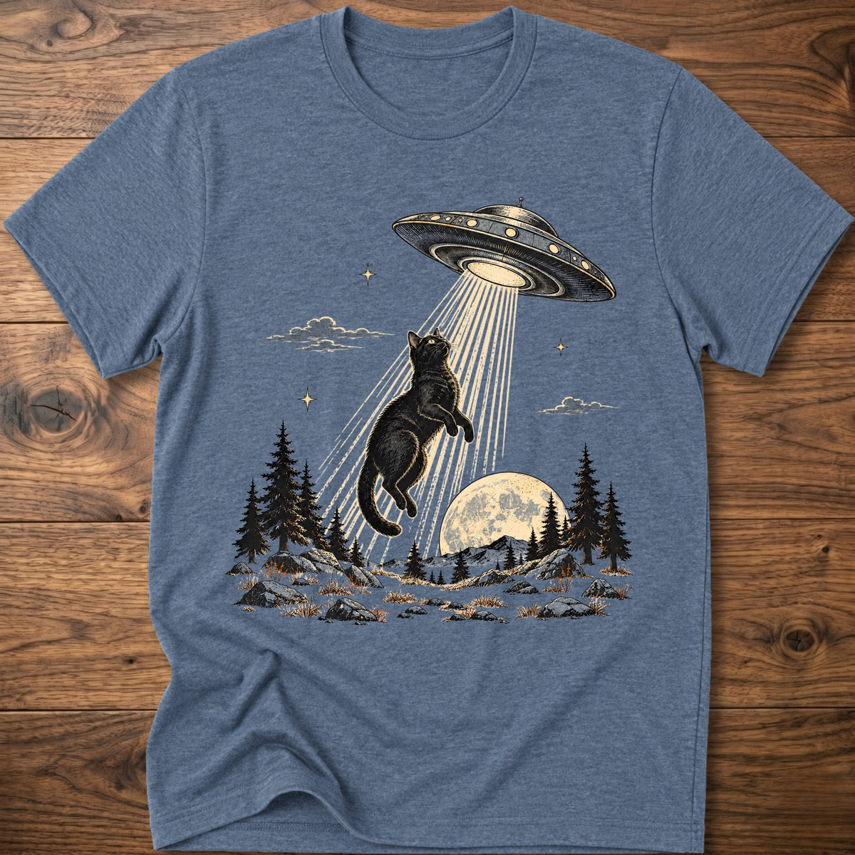 Heather indigo crewneck t-shirt with black cat under UFO beam over forest night scene