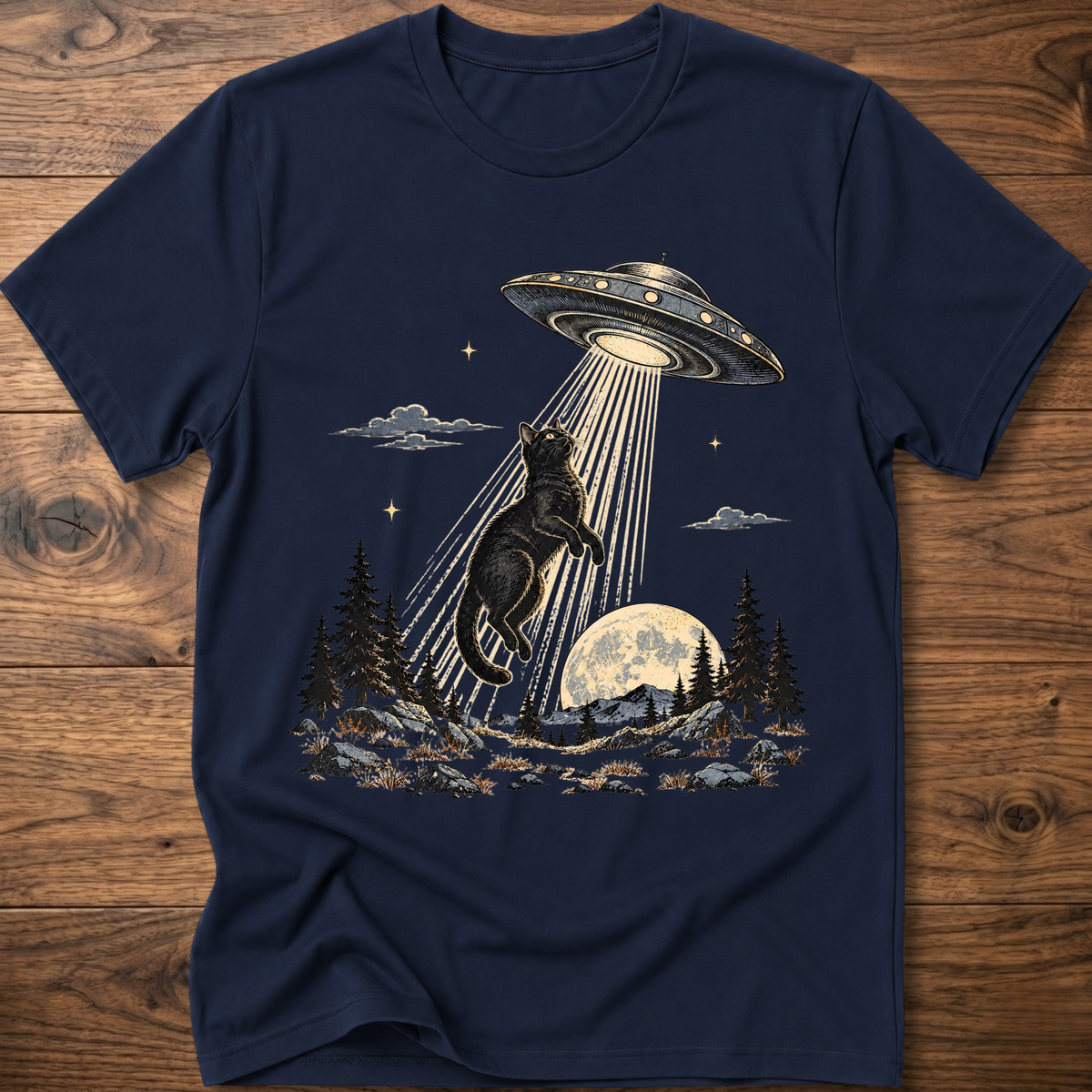 Navy crewneck t-shirt with black cat under UFO beam over forest night scene