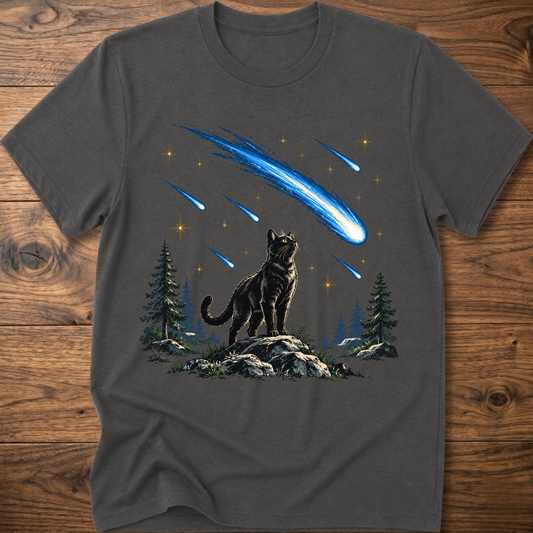 Charcoal crewneck T-shirt with black cat and blue meteor over forest graphic