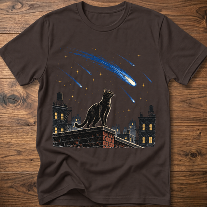 Dark brown crew-neck T-shirt with cat and blue meteor graphic across chest
