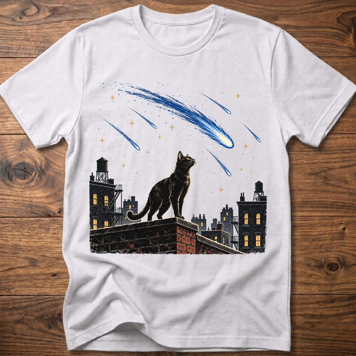 White crew-neck T-shirt with cat and blue meteor graphic across chest