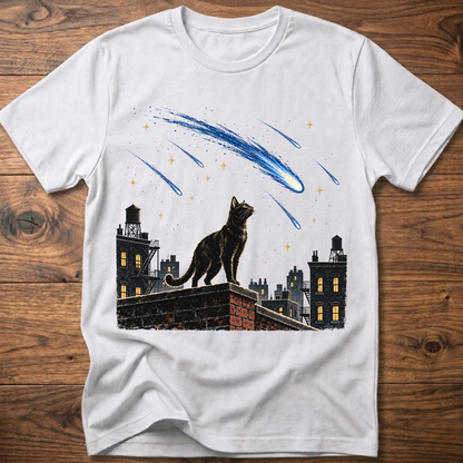White crew-neck T-shirt with cat and blue meteor graphic across chest