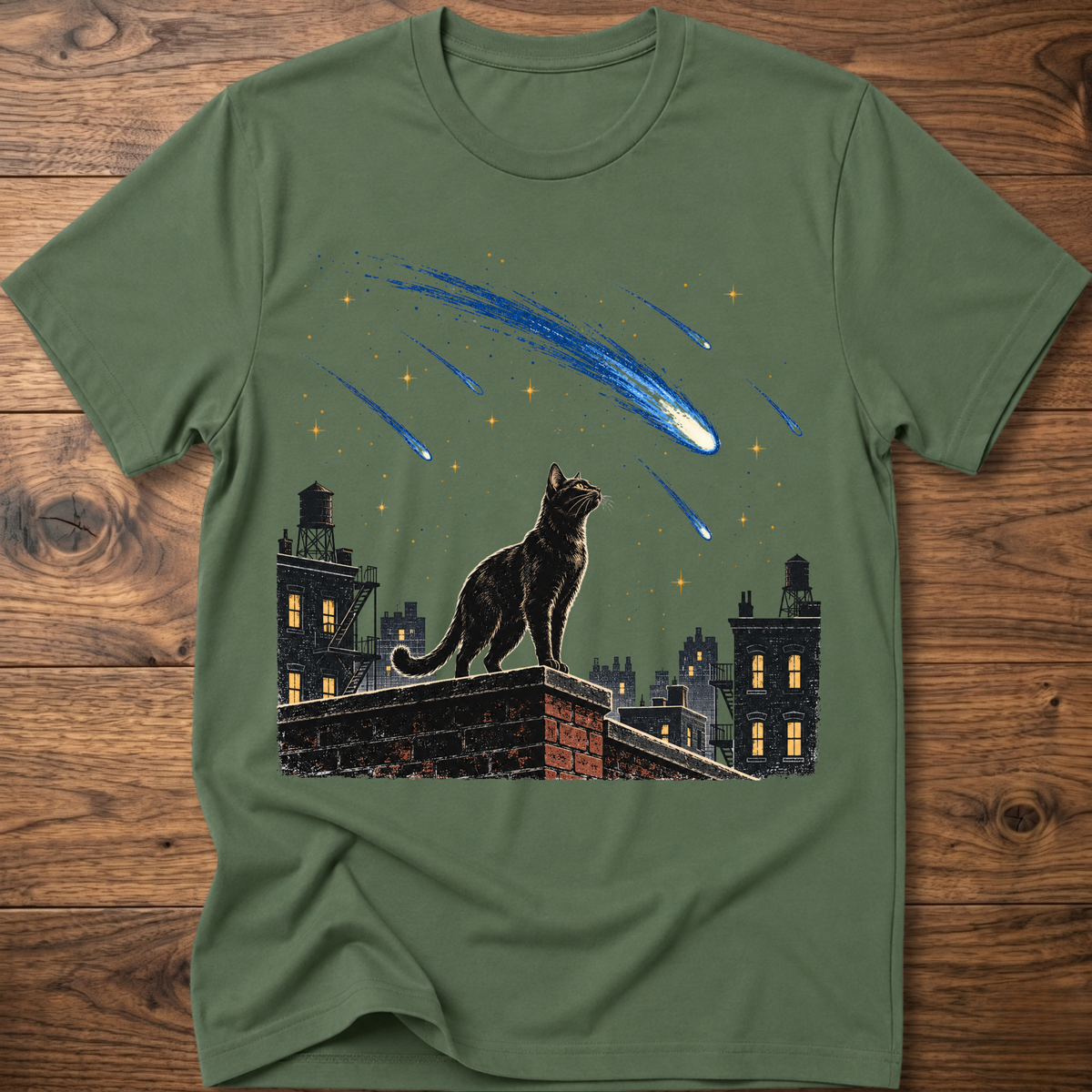 Military green crew-neck T-shirt with cat and blue meteor graphic across chest