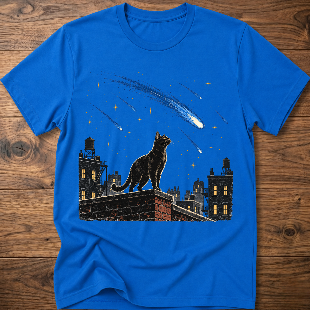 Royal blue crew-neck T-shirt with cat and blue meteor graphic across chest