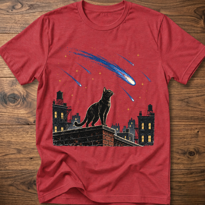 Heather red crew-neck T-shirt with cat and blue meteor graphic across chest