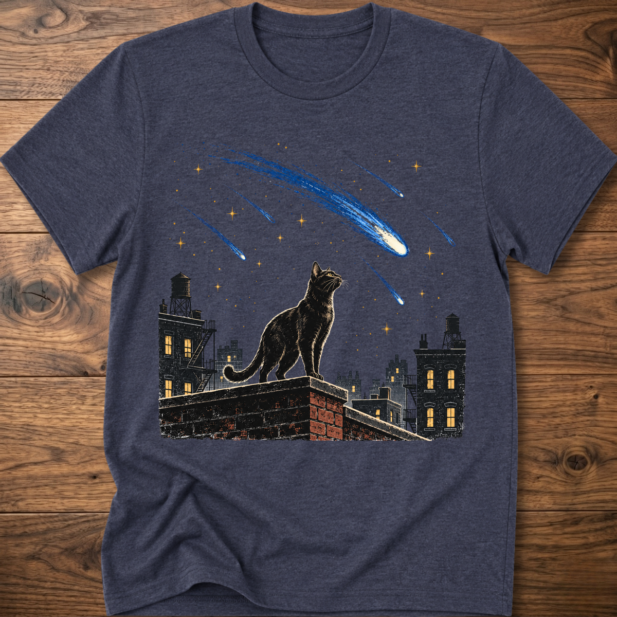 Heather navy crew-neck T-shirt with cat and blue meteor graphic across chest