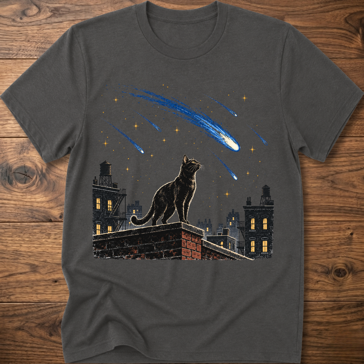Charcoal gray crew-neck T-shirt with cat and blue meteor graphic across chest