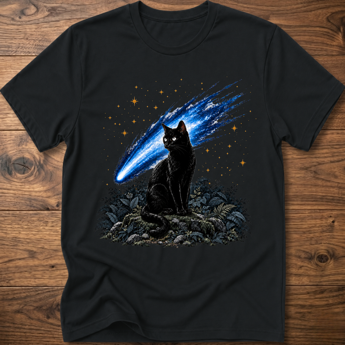 Black cat t-shirt with glowing blue comet graphic and starry night scene on front