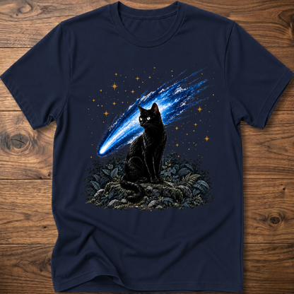 Navy cat t-shirt with glowing blue comet graphic and starry night scene on front