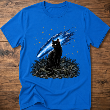 Royal blue cat t-shirt with glowing blue comet graphic and starry night scene on front