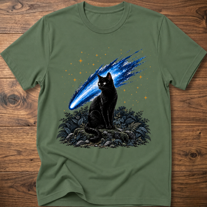 Military green cat t-shirt with glowing blue comet graphic and starry night scene on front