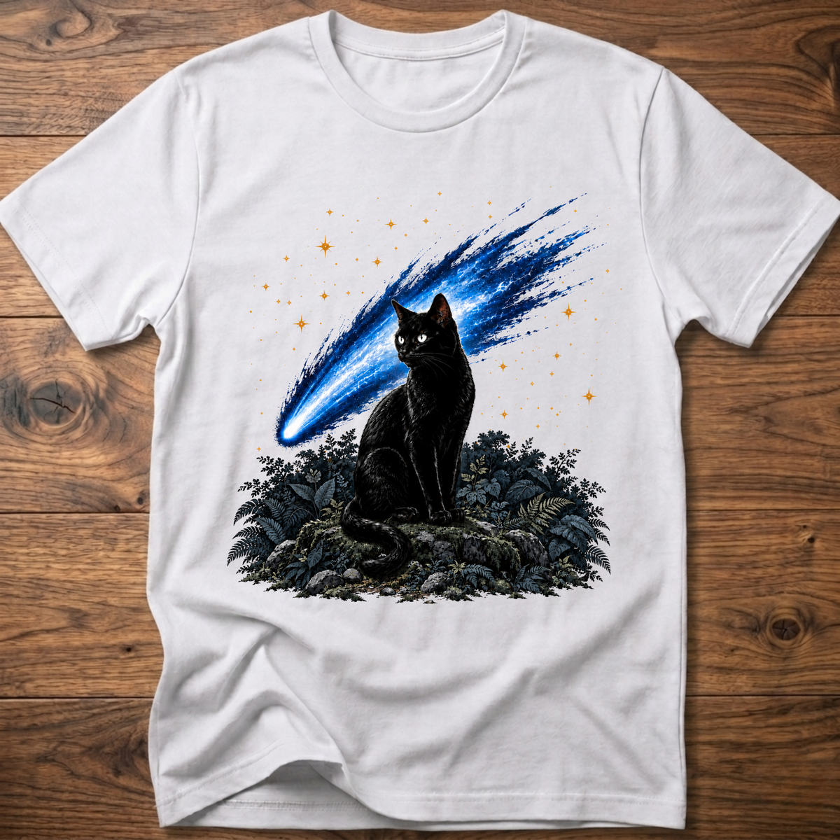 White cat t-shirt with glowing blue comet graphic and starry night scene on front
