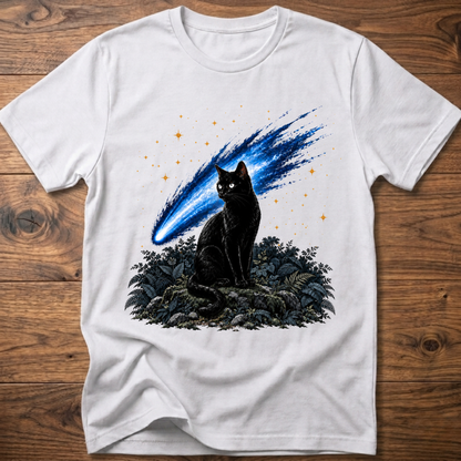 White cat t-shirt with glowing blue comet graphic and starry night scene on front