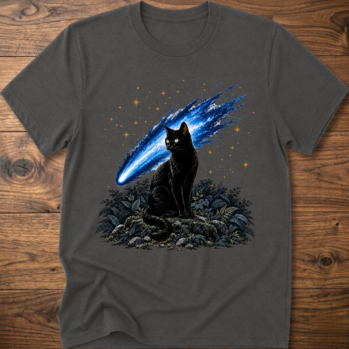 Charcoal cat t-shirt with glowing blue comet graphic and starry night scene on front