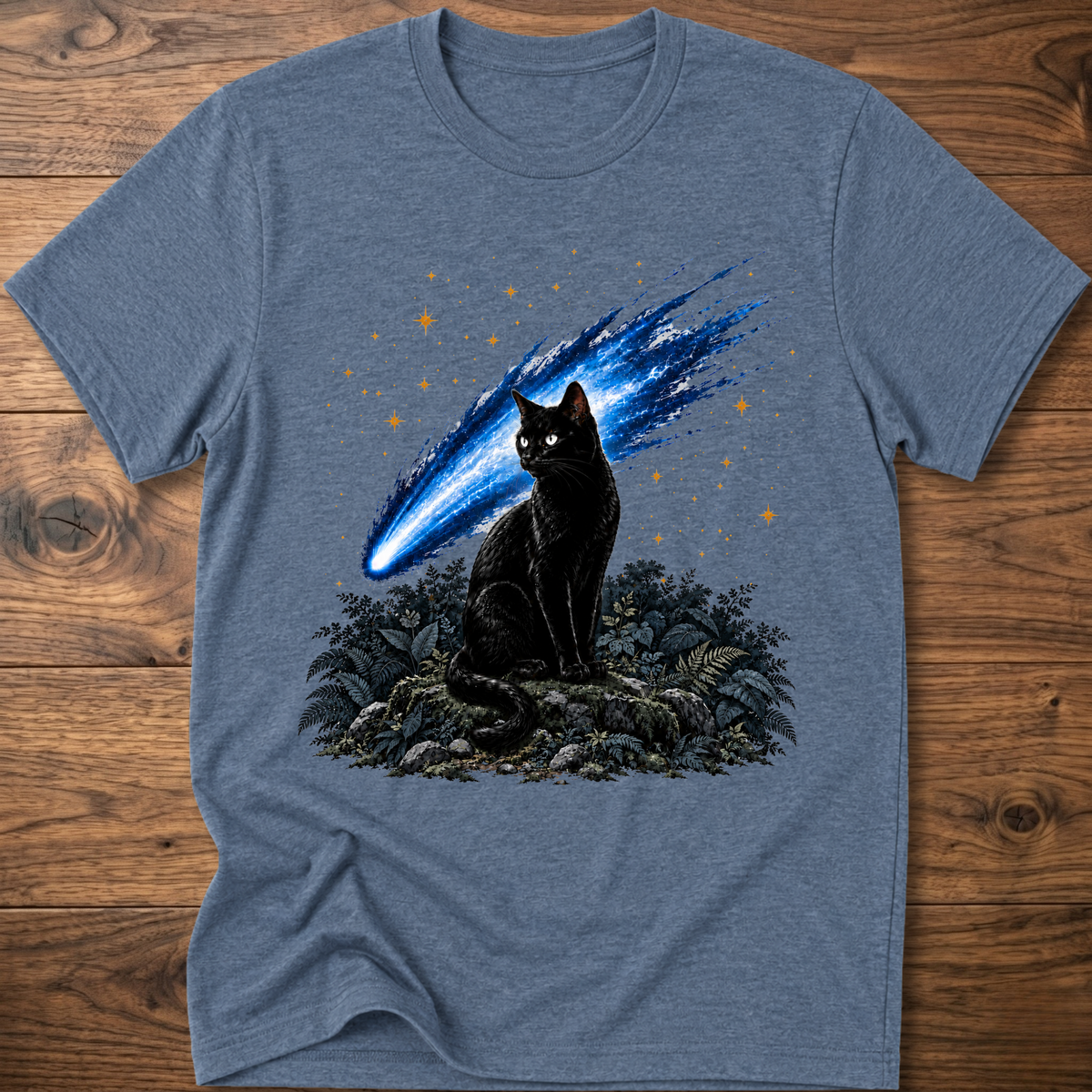 Heather blue cat t-shirt with glowing blue comet graphic and starry night scene on front