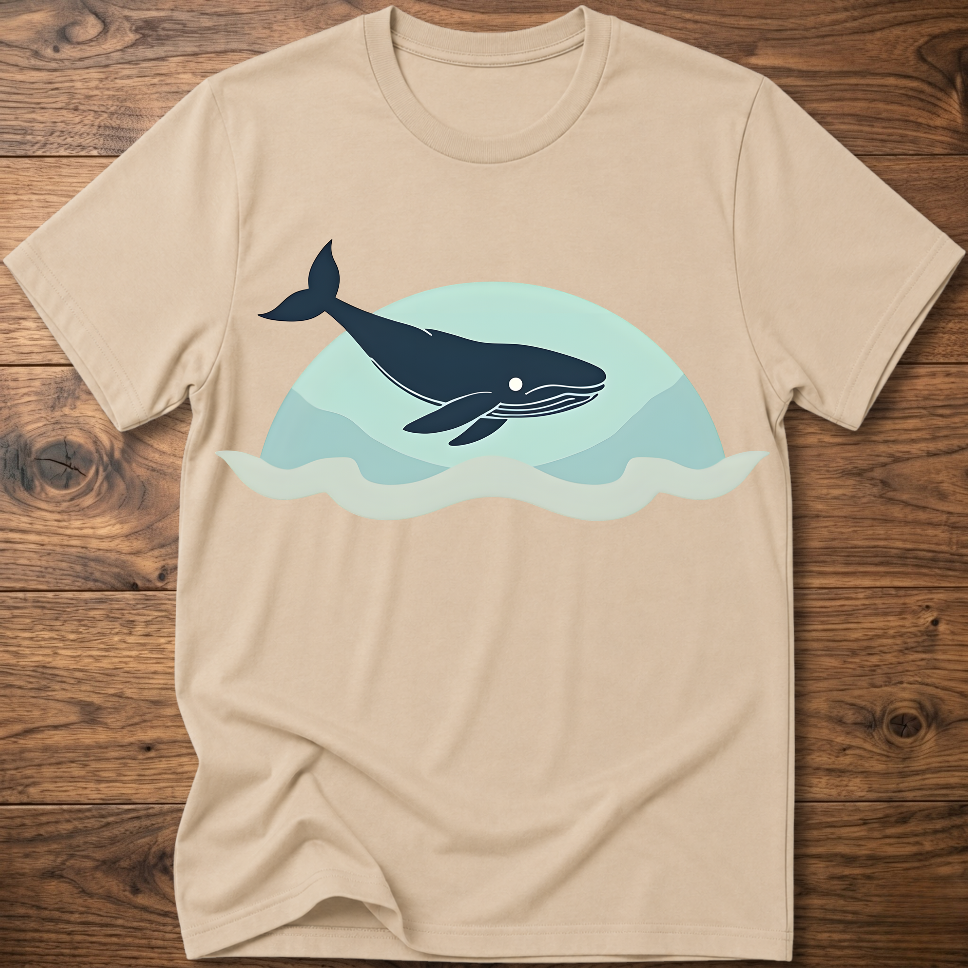 Sand crew-neck t-shirt with dark whale graphic over teal waves design