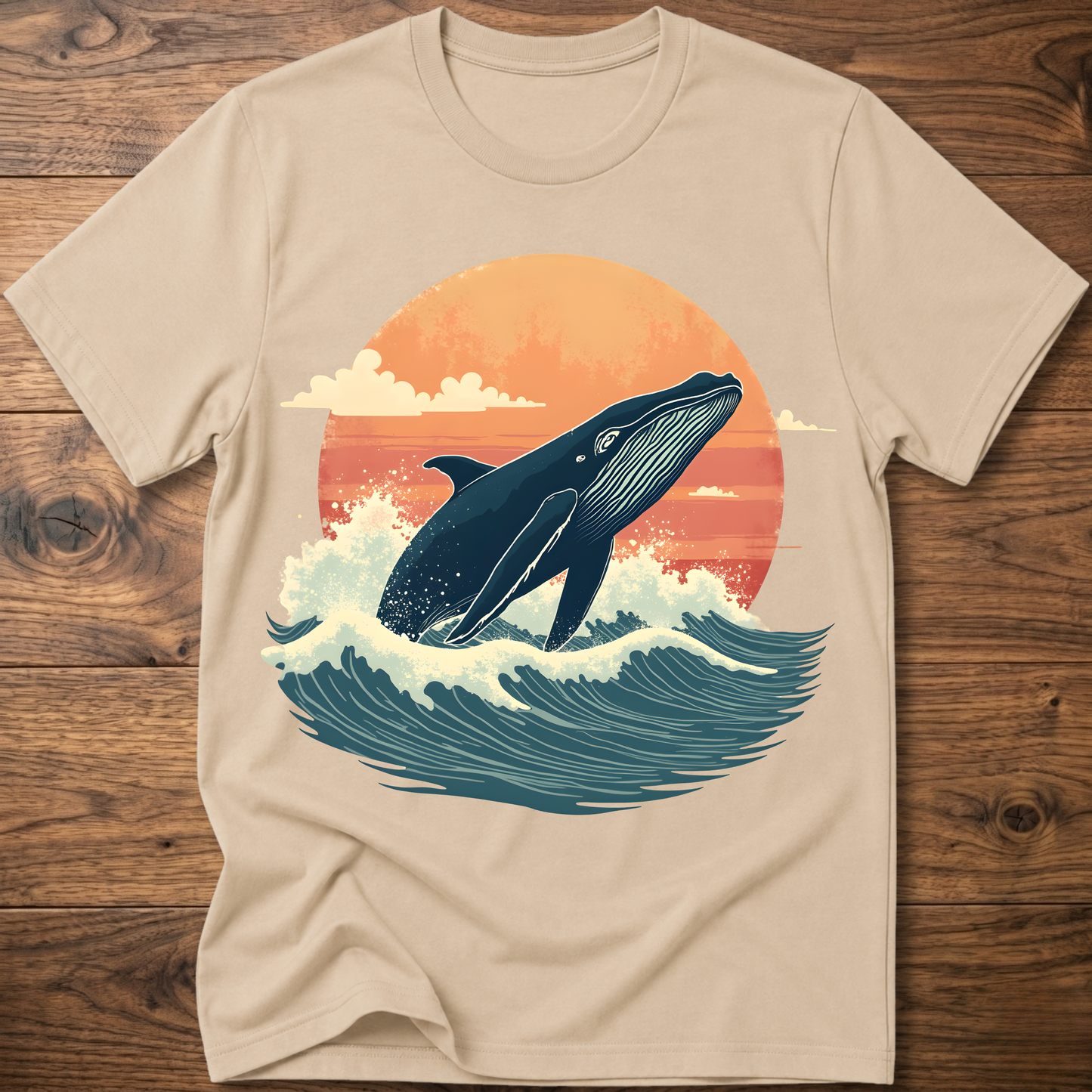 Sand-colored whale graphic t-shirt with ocean waves and sunset circle print