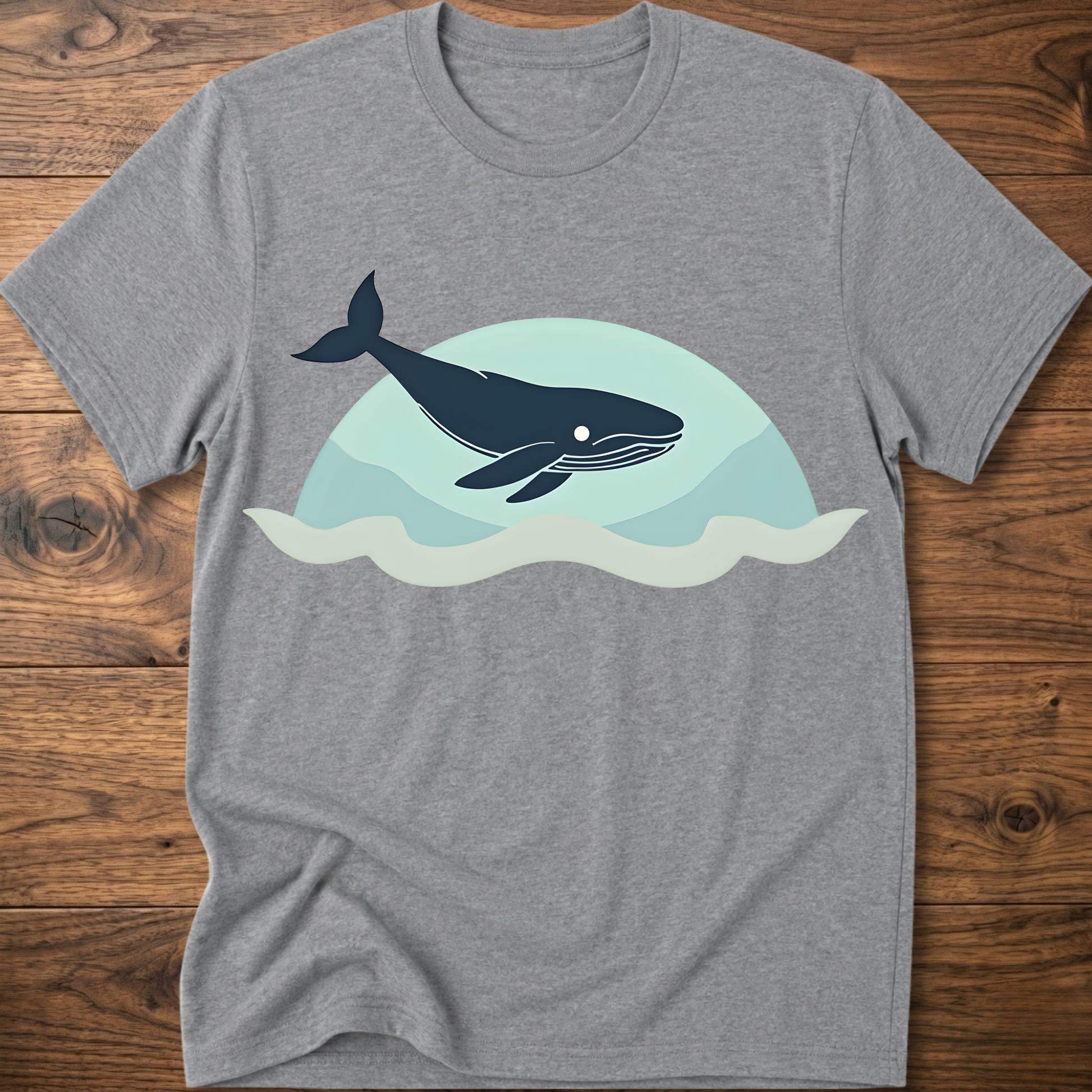 Heather gray crew-neck t-shirt with dark whale graphic over teal waves design